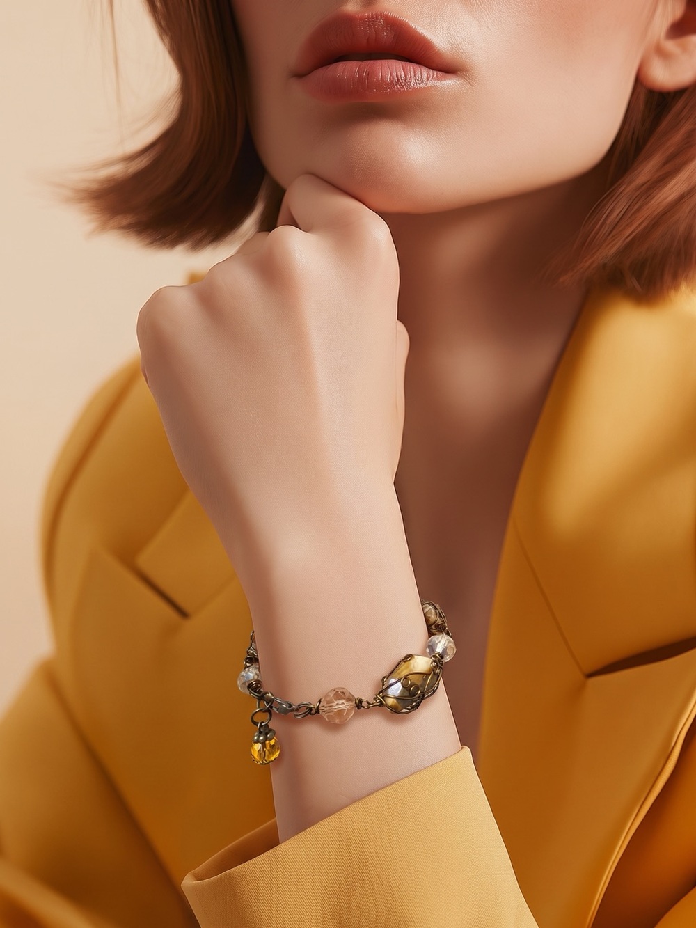 Elegant Yellow Glass Bead Bracelet - Women's Jewelry wire Wrapped
